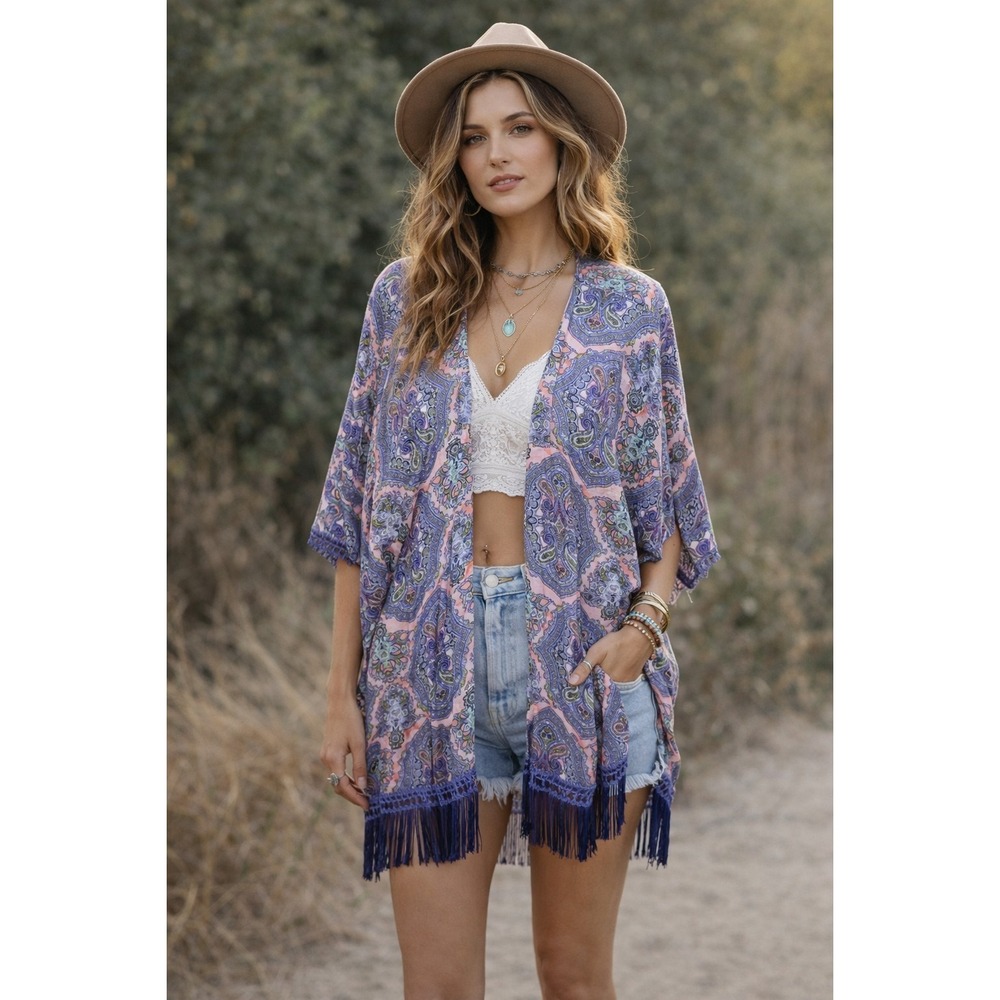 Victoria's Secret Pink Purple Paisley Open Front Kimono Coverup Fringe‎ SZ XS/S